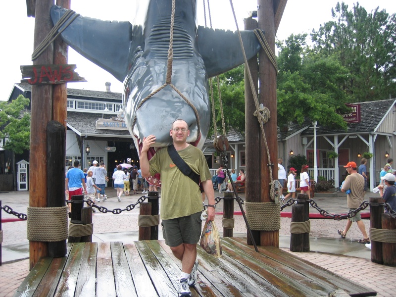 Image shows me with a fake Great White Shark hanging with his jaw agape.