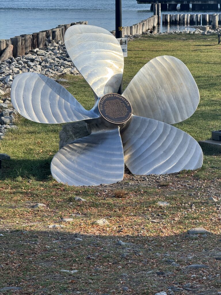 A large 5 bladed propellor dits in the ground. A selfie of Michael’s wearing a cdo with the cst logo and lettering of Linke lifestyle. The insignia in the background.